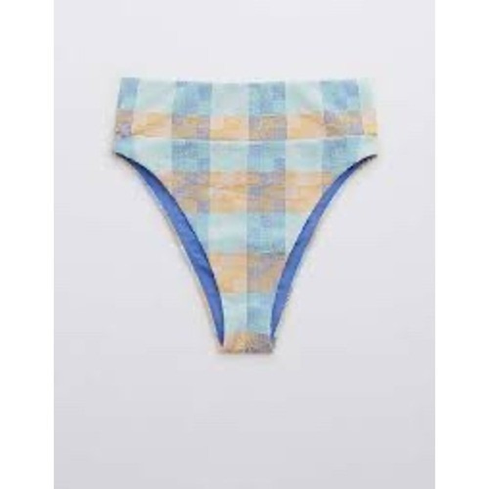 Aerie High Cut Cheeky Bikini Bottom Women Large Blue Plaid Excellent Gingham